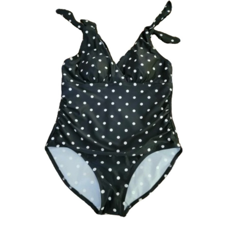 Kona Sol Polka Dot One Piece Swimsuit V Neckline V Back Black White XL New